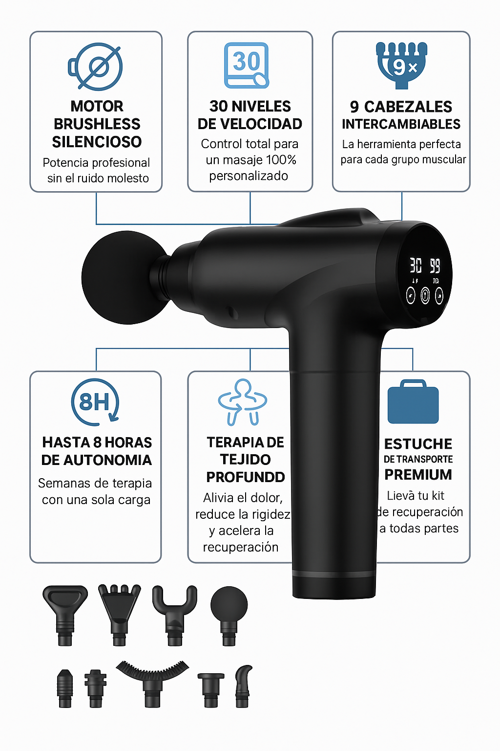 RenovaPulse: Pistola de masaje de tejido profundo portátil con 9 accesorios