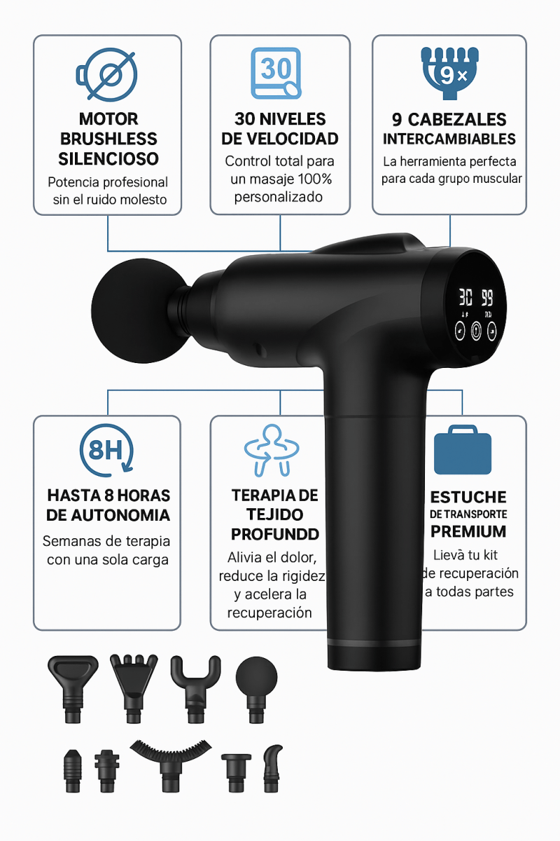 RenovaPulse: Pistola de masaje de tejido profundo portátil con 9 accesorios - TuAliado Homeplus
