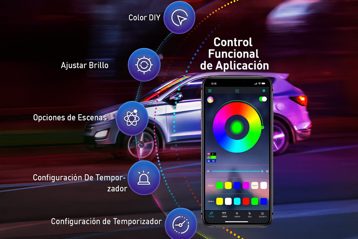 Iluminación Ambiental AuraDrive para Coche: Look de Lujo con Fibra Óptica y Control por App - TuAliado Homeplus