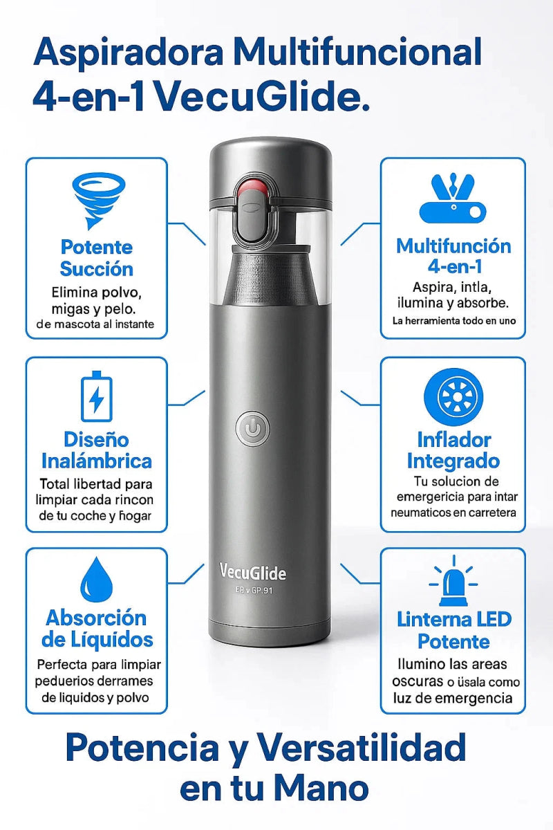 VacuGlide Pro: Aspiradora de Coche 4 en 1 Inalámbrica (Aspira, Infla, Ilumina) TuAliado Homeplus
