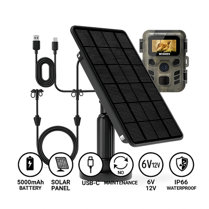 Kit de Alimentación Solar con Batería 5000mAh para Cámaras de Caza (6V/12V/USB-C)