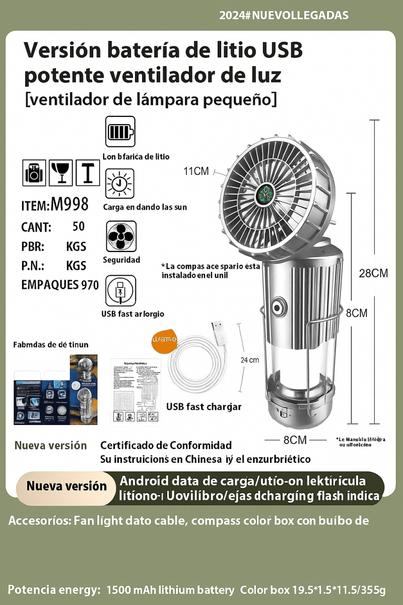 Lámpara y Ventilador Solar 2 en 1 para Camping: Recargable, Plegable y con Función Power Bank - TuAliado Homeplus