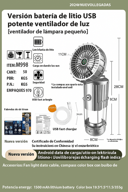 Lámpara y Ventilador Solar 2 en 1 para Camping: Recargable, Plegable y con Función Power Bank - TuAliado Homeplus