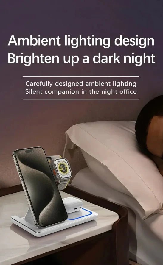 3-in-1 LED Fast Wireless Charger Stand – Foldable Charging Station for iPhone, Apple Watch & AirPods (Black/White) TuAliado Homeplus