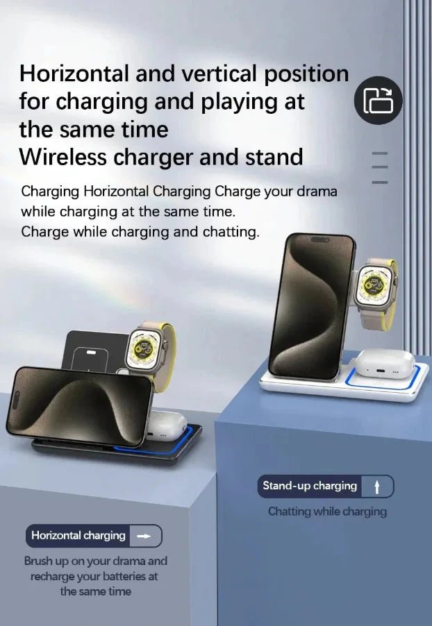 3-in-1 LED Fast Wireless Charger Stand – Foldable Charging Station for iPhone, Apple Watch & AirPods (Black/White) TuAliado Homeplus