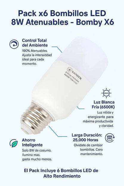 Pack x6 Bombillos LED 8W Atenuables (Luz Blanca Fría 6500K) - Bomby X6 TuAliado Homeplus