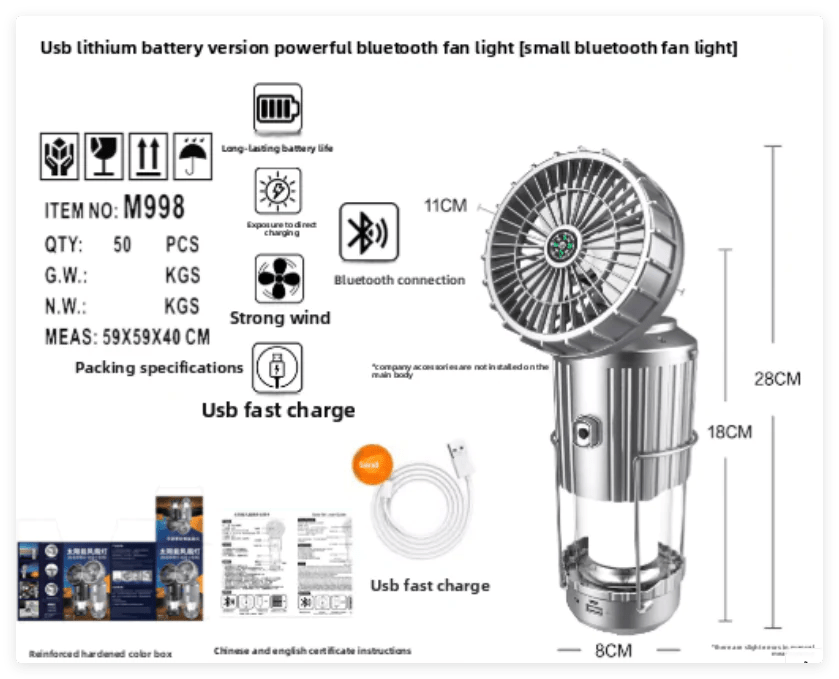Lámpara y Ventilador Solar 2 en 1 para Camping: Recargable, Plegable y con Función Power Bank - TuAliado Homeplus